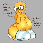  alphys anthro big_breasts breasts buckteeth clothing curvy_figure cvbe dialogue english_text eyewear female glasses hand_on_breast hand_on_face huge_breasts huge_thighs hyper hyper_breasts kneeling legwear legwear_only lizard looking_at_viewer love_handles mostly_nude nervous nipples non-mammal_breasts non-mammal_nipples open_mouth open_smile reptile scales scalie simple_background smile solo squish teeth text thick_thighs thigh_highs thigh_highs_only thigh_squish three-quarter_view undertale_(series) voluptuous wide_hips yellow_body yellow_scales 