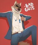  2021 anthro bottomwear canid canine canis clothing dreamworks english_text fur hi_res mammal mr._wolf_(the_bad_guys) pants red_background simple_background solo suit teeth tenynnart text the_bad_guys title wolf 