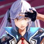  1girl azur_lane bangs blue_hair dress essex_(azur_lane) gloves hair_ribbon kdm_(ke_dama) long_hair looking_at_viewer necktie open_mouth red_necktie ribbon smile solo twintails very_long_hair 