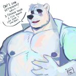  2021 aggressive_retsuko anthro belly blush clothed clothing english_text eyes_closed hi_res male mammal moobs nipples open_clothing open_shirt open_topwear overweight overweight_male polar_bear ruslorc sanrio shirota shirt simple_background solo text topwear ursid ursine white_background 