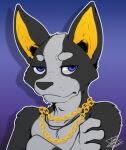  2021 anthro black_body black_fur black_nose black_pupils blue_eyes canid canine canis chain_necklace clothed clothing crossed_arms domestic_dog eyebrows fur gradient_background grey_body grey_fur half-closed_eyes icon jewelry male mammal narrowed_eyes necklace pupils raccoon_douglas_(artist) simple_background solo thick_eyebrows topless yellow_inner_ear 