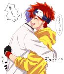  2boys blue_hair closed_eyes hasegawa_langa headband hood hoodie hug kyan_reki looking_at_viewer male_focus multiple_boys open_mouth red_hair sana423 shirt short_hair sk8_the_infinity smile white_background 