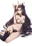  1girl absurdres black_hair black_legwear black_ribbon breasts cleavage closed_mouth collarbone detached_sleeves earrings eyebrows_visible_through_hair fate/grand_order fate_(series) hair_ornament highres ishtar_(fate) jewelry lance_(lancelliu) large_breasts long_hair long_sleeves looking_at_viewer navel red_eyes ribbon simple_background single_detached_sleeve single_thighhigh solo thighhighs thighs very_long_hair white_background 