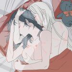  2girls bang_gu9 bite_mark breasts byleth_(fire_emblem) byleth_(fire_emblem)_(female) closed_eyes closed_mouth edelgard_von_hresvelg fire_emblem fire_emblem:_three_houses green_hair highres large_breasts light_blush lying multiple_girls on_side pillow scar scar_on_arm scar_on_breasts scratches stuffed_animal stuffed_toy teddy_bear topless under_covers white_hair yuri 
