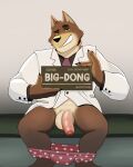  2021 absurd_res anthro balls canid canine canis clothed clothing dreamworks english_text foreskin genitals hi_res humanoid_genitalia humanoid_penis lewdtowel looking_at_viewer male mammal mr._wolf_(the_bad_guys) mugshot pantsless partially_clothed penis smile solo suit text the_bad_guys underwear underwear_down wolf yellow_sclera 