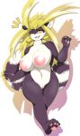  anthro blonde_hair blush breasts cyberconnect2 drecom female fluffy fluffy_tail full_bokko_heroes fur genitals hair hi_res mellonsoda nipples one_eye_closed open_mouth open_smile purple_body purple_fur pussy simple_background smile solo teeth tongue tongue_out video_games white_body white_fur yellow_eyes 
