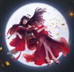  1girl bangs bare_shoulders bat_hair_ornament black_collar black_hair black_kimono blunt_bangs blunt_ends blurry collar commentary depth_of_field final_fantasy final_fantasy_xiv floating flower full_body full_moon hair_flower hair_ornament highres holding holding_pipe itsuya_(daystar) japanese_clothes kimono kiseru lace_collar long_hair mole mole_under_mouth moon multicolored_eyes night obi obiage obijime off-shoulder_kimono okobo parted_lips pipe sash smile solo tassel wide_sleeves yotsuyu_(ff14) 