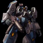  black_background english_commentary glowing glowing_eye gun holding holding_gun holding_weapon kikou_souseiki_mospeada legioss looking_up mecha mospeada no_humans open_hand orange_eyes science_fiction solo taedu weapon 
