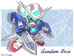  artist_name beam_saber blue_eyes character_name chibi colored_sclera commentary_request dated dual_wielding energy_sword english_text green_sclera gundam gundam_00 gundam_exia holding looking_at_viewer mecha mobile_suit no_humans sd_gundam shield shokkaa_(shmz61312) solo sword v-fin weapon 