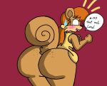  anthro big_butt blush bodily_fluids brappycatty brown_body brown_fur brown_hair butt clothing dialogue fart female fur hair hi_res looking_back mammal open_mouth rodent sciurid simple_background solo sound_effects speech_bubble sweat sweatdrop tami tan_body tan_fur teeth text yellow_clothing 