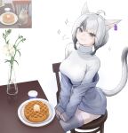  1girl :3 absurdres ahoge animal_ears avatar_(ffxiv) bangs braid breasts cat cat_ears cat_tail chair earrings eyebrows_visible_through_hair facial_mark fang final_fantasy final_fantasy_xiv flower food grey_eyes grey_hair highres jewelry looking_at_viewer medium_breasts mihato_senba miqo&#039;te multicolored_hair off_shoulder photo-referenced reference_inset short_hair sitting skin_fang slit_pupils solo table tail thighhighs turtleneck twin_braids two-tone_hair vase waffle whisker_markings white_background 