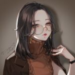  1girl ao+beni black_hair brown_background brown_eyes dated earrings glasses highres jacket jewelry long_hair looking_at_viewer open_clothes open_jacket original round_eyewear solo watch wristwatch 