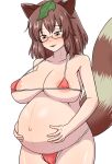  1girl :d animal_ears areola_slip areolae bangs bikini blush breasts brown_eyes brown_hair futatsuiwa_mamizou glasses highres leaf leaf_on_head micro_bikini navel nek3124 nipples open_mouth orange_bikini pregnant raccoon_ears raccoon_girl short_hair simple_background smile solo swimsuit touhou white_background 