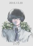  1boy absurdres arima_kishou bangs black_hair blue_necktie collared_shirt cropped_torso dated dress_shirt eyebrows_visible_through_hair fatalbug896 flower flower_request glasses grey_background grey_eyes highres looking_at_viewer loose_necktie male_focus necktie parted_lips plant rectangular_eyewear shirt short_hair solo tokyo_ghoul upper_body white_flower white_shirt 