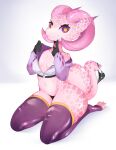  &lt;3 &lt;3_eyes absurd_res big_butt bovid_horn breasts butt caprine_horn cleavage clothed clothing female hi_res hoodie horn kneeling kobold legwear luna_(lyinart) panties_on_tail pink_body ram_horn scales simple_background solo thick_tail thigh_highs topwear 