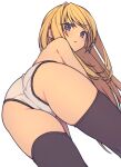  1girl ass bent_over black_legwear blonde_hair blue_eyes dutch_angle everyntrge frown highres long_hair looking_at_viewer looking_back original panties sidelocks simple_background solo thighhighs topless underwear underwear_only white_background white_panties 