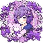  ahoge bangs bernadetta_von_varley blush bow bright_pupils commentary_request eyebrows_behind_hair fire_emblem fire_emblem:_three_houses flower hair_bow hair_flower hair_ornament highres holding holding_stuffed_toy m0fa0 messy_hair purple_bow purple_eyes purple_hair purple_ribbon ribbon short_hair stuffed_animal stuffed_toy teddy_bear white_background 