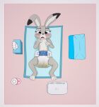  3_toes 4_fingers anthro baby black_body black_fur black_nose blue_eyes blush bodily_fluids clothed clothing diaper diaper_only dipstick_ears disney embarrassed feces feet female fingers flat_chested fur grey_body grey_fur hi_res hodgepodgedl infantilism judy_hopps lagomorph leporid long_ears lying mammal messy_diaper multicolored_body multicolored_ears multicolored_fur on_back rabbit soiling solo tears tissue_box toes topless white_body white_fur young zootopia 