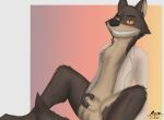  2021 animal_genitalia anthro balls blush bodily_fluids brown_body brown_fur canid canine canis clothed clothing digital_media_(artwork) dreamworks fur genital_fluids genitals hi_res looking_at_viewer male mammal masturbation mono-fur mr._wolf_(the_bad_guys) nude open_clothing open_shirt open_topwear sheath sheath_play shirt simple_background smile solo the_bad_guys topwear wolf yellow_eyes 