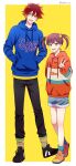  1boy 1girl hair_between_eyes headband hood hoodie kyan_reki looking_at_viewer male_focus messy_hair multiple_boys open_mouth orange_eyes pants red_hair sana423 shirt shoes short_hair shorts simple_background sk8_the_infinity smile socks upper_body white_background yellow_background 