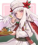  1girl blush cape eating eyebrows_visible_through_hair fire_emblem fire_emblem:_three_houses fire_emblem_heroes flower food fork fruit fur_trim gonzarez hair_flower hair_ornament hat highres long_hair long_sleeves lysithea_von_ordelia official_alternate_costume pink_eyes simple_background solo strawberry white_hair 