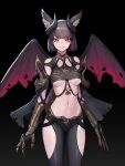  1girl absurdres animal_ear_fluff animal_ears armor biting black_background black_pants black_shirt breasts brown_hair claws clothing_cutout commentary cowboy_shot crop_top demon_wings eyebrows_visible_through_hair facial_mark gauntlets highres horns lip_biting looking_at_viewer mac_star medium_breasts navel original pants parted_lips red_eyes revealing_clothes shirt short_hair shoulder_armor simple_background solo stomach thigh_cutout torn_wings underboob wings 