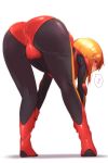  1girl ass bent_over black_bodysuit blush bodysuit cameltoe from_behind gundam gundam_zz highres looking_at_viewer looking_back lppletwo open_mouth orange_hair pilot_suit purple_eyes puru_two shiny shiny_clothes shiny_hair short_hair skin_tight solo standing 