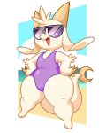  acstlu ambiguous_gender anthro chikn_nuggit clothing dragon eyewear fwench_fwy_(chikn_nuggit) hand_on_hip hi_res horn one-piece_swimsuit open_mouth reptile scalie solo sunglasses swimwear thick_thighs white_body 
