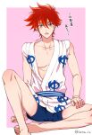  1boy headband japanese_clothes kyan_reki looking_at_viewer male_focus messy_hair multiple_boys muscular nipples open_mouth orange_eyes red_hair sana423 short_hair shorts sk8_the_infinity translation_request yaoi 
