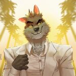  2021 alexxxnttt anthro canid canine canis clothing dreamworks eyebrows fur hi_res male mammal mr._wolf_(the_bad_guys) palm_tree plant raised_eyebrow signature solo suit the_bad_guys tree white_clothing wolf 