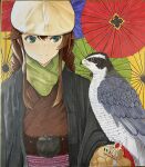  1girl animal animal_on_hand beige_headwear bird bird_on_hand braid brown_kimono falcon falconry gloves gojoe1310 green_eyes green_scarf haori hat highres japanese_clothes kantai_collection kimono looking_at_animal marker_(medium) multicolored_background noshiro_(kancolle) obi oil-paper_umbrella red_hair sash scarf smile traditional_media twin_braids umbrella 