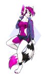  2021 5_fingers absurd_res anthro black_nose breasts canid canine clothed clothing digital_media_(artwork) female fingers fr95 fur hair hi_res looking_at_viewer mammal purple_body purple_eyes purple_fur purple_hair simple_background smile solo white_background white_body white_fur 