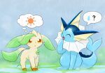  3_toes :&lt; :3 ? ^_^ ambiguous_gender blue_body blue_skin blue_tail brown_body brown_fur cloudy day detailed_background digital_media_(artwork) digitigrade dipstick_ears dipstick_tail duo ear_fins ears_down eeveelution elemental_creature eyes_closed feet feral fin flora_fauna frill_(anatomy) front_view frown fur glistening glistening_body glistening_skin glistening_tail grass green_body green_ears green_tail head_fin head_tuft hi_res kemono kenikenikeke leaf_ears leaf_tail leafeon leg_markings looking_at_another mammal marine markings multicolored_body multicolored_ears multicolored_fur neck_frill nintendo notched_ear open_mouth open_smile orange_eyes outside paws pictographics pivoted_ears plant pok&eacute;mon pok&eacute;mon_(species) puddle quadruped raindrop raining sad sitting sky smile socks_(marking) speech_bubble standing sun tail_fin tail_markings tail_ridge tan_body tan_ears tan_fur tan_tail thought_bubble toes tuft two_tone_body two_tone_ears two_tone_fur vaporeon video_games water wet 