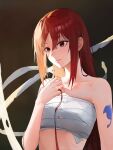 1girl absurdres arm_tattoo bare_arms brown_background brown_eyes closed_mouth collarbone commentary english_commentary erza_scarlet eyebrows_visible_through_hair fairy_tail hand_up highres light_smile long_hair mac_star red_hair red_ribbon ribbon sarashi solo tattoo upper_body 