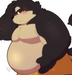  2021 96tning anthro belly black_body black_nose blush bodily_fluids canid canine canis clothing domestic_dog kemono male mammal moobs overweight overweight_male simple_background solo sweat underwear white_background 