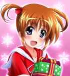  1girl :d bangs blush capelet christmas commentary_request eyebrows_visible_through_hair gift hair_ribbon holding holding_gift looking_at_viewer lyrical_nanoha mahou_shoujo_lyrical_nanoha open_mouth portrait red_bandeau red_capelet red_ribbon red_sailor_collar ribbon sailor_collar short_hair short_twintails smile snowflake_background solo star_(symbol) takamachi_nanoha twintails yorousa_(yoroiusagi) 