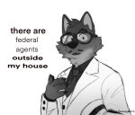  2021 alternate_version_at_source anthro canid canine canis claws clothed clothing dreamworks dress_shirt english_text eyebrows eyewear facial_hair fur glasses greyscale hi_res humor jacket looking_at_viewer male mammal meme monochrome mr._wolf_(the_bad_guys) mustache necktie reaction_image shirt signature solo suit text thatlazyrat the_bad_guys topwear tuft wolf 