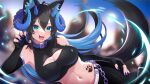  1girl 60mai animal_collar animal_ear_fluff animal_ears antenna_hair black_gloves black_hair blue_eyes blue_hair blue_nails blurry blurry_background breasts chain claw_pose cleavage cleavage_cutout clothing_cutout collar elbow_gloves fangs fingerless_gloves gloves hair_between_eyes horn_ornament horns indie_virtual_youtuber large_breasts midriff multicolored_hair multiple_horns navel paw_print sports_bra tongue tongue_out two-tone_hair virtual_youtuber 