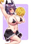  1girl arm_up bikini blush breasts cheerleader commentary eyebrows eyepatch headgear highres kantai_collection large_breasts looking_at_viewer messy_hair micro_bikini open_mouth pom_pom_(cheerleading) purple_hair short_hair skirt solo steam swimsuit tenryuu_(kancolle) thick_thighs thighs unbuttoned_skirt wavy_mouth yellow_eyes yuudadou 