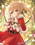  1girl absurdres bangs bell_hair_ornament belt black_belt blonde_hair blurry blurry_background bow braid capelet christmas christmas_lights christmas_tree closed_mouth commentary crystal depth_of_field dress drill_hair earrings english_text flandre_scarlet formal fur-trimmed_capelet fur-trimmed_dress fur_trim gloves green_bow haruki_(colorful_macaron) heart heart_hands highres jewelry light_particles long_hair looking_at_viewer merry_christmas pointy_ears red_capelet red_dress red_eyes santa_dress short_dress side_drill side_ponytail smile snowflake_print solo sparkle standing star_(symbol) star_earrings touhou white_gloves wings 