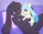  2021 anthro areola black_body black_fur blue_body blue_eyes blue_fur blue_paws blush breasts cheek_tuft chibi comparing dewlap_(anatomy) digital_media_(artwork) duo exposed_breasts eye_contact facial_tuft female female/female floppy_ears fur furniture genitals grope groping_breasts hand_on_breast hand_on_head hi_res kemono lagomorph larger_female leporid long_ears looking_at_another lop_ears lying mammal multicolored_body multicolored_fur mutual navel nipples nude on_back on_lap open_mouth open_smile pillow purple_eyes pussy pyritie rabbit semi-anthro short simple_background sitting_on_lap size_difference size_play smaller_female smaller_on_top smile sofa sofu_(pyritie) solo swirl tan_body tan_fur thick_thighs tuft two_tone_body two_tone_fur wide_hips 