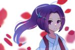  1girl bangs closed_mouth esist_hourai forehead japanese_clothes kimono long_hair meira_(touhou) parted_bangs ponytail purple_eyes purple_hair ribbon touhou touhou_(pc-98) upper_body white_ribbon 