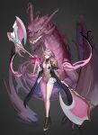  1girl absurdres armor axe black_footwear blurry blurry_background breasts cleavage closed_mouth commentary double_sided_axe dragon eyebrows_visible_through_hair fantasy gradient gradient_background grey_background high_heels highres holding holding_axe holding_ribbon holding_weapon looking_at_viewer mac_star magic medium_breasts orange_eyes original pink_hair pink_legwear revealing_clothes ribbon short_hair shoulder_armor single_leg_pantyhose skirt solo tiara weapon white_skirt 