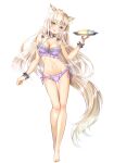  1girl :3 :d animal_ear_fluff animal_ears bangs bare_legs bare_shoulders barefoot black_scrunchie blue_eyes bra breasts cake cat_ears cat_girl cat_tail cheesecake cleavage_cutout clothing_cutout coconut_(nekopara) collarbone commentary_request cup eyebrows_visible_through_hair food frilled_bra frilled_panties frills full_body fumina groin head_tilt heterochromia highres holding holding_tray large_breasts legs lingerie long_hair looking_at_viewer navel nekopara open_mouth panties platinum_blonde_hair purple_bra purple_panties scrunchie side-tie_panties simple_background smile solo stomach tail thigh_gap tray underwear underwear_only very_long_hair white_background wrist_scrunchie yellow_eyes 