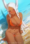  1girl animal_ears atric18 beach bikini blush boku_no_hero_academia breasts cleavage female_pubic_hair highres large_breasts long_hair looking_at_viewer mirko navel orange_bikini parted_lips pubic_hair rabbit_ears rabbit_girl red_eyes sand sitting solo swimsuit thighs twitter_username untied untied_bikini very_long_hair water wet white_hair 