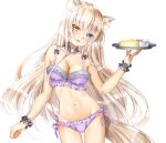  1girl :3 :d animal_ear_fluff animal_ears bangs bare_shoulders black_scrunchie blue_eyes bra breasts cake cat_ears cat_girl cat_tail cheesecake cleavage_cutout clothing_cutout coconut_(nekopara) collarbone commentary_request cowboy_shot cup eyebrows_visible_through_hair food frilled_bra frilled_panties frills fumina groin head_tilt heterochromia holding holding_tray large_breasts lingerie long_hair looking_at_viewer navel nekopara open_mouth panties platinum_blonde_hair purple_bra purple_panties scrunchie side-tie_panties simple_background smile solo stomach tail thigh_gap tray underwear underwear_only very_long_hair white_background wrist_scrunchie yellow_eyes 