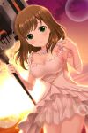  1girl absurdres alternative_girls breasts brown_hair choker cleavage closed_mouth dress eyebrows_visible_through_hair green_eyes hand_on_own_shoulder heart heart_choker highres hirose_koharu holding holding_weapon long_hair looking_at_viewer ocean official_art smile solo sunlight sunset weapon white_dress 