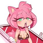  2021 accessory amy_rose anthro bodily_fluids breasts butt cleavage clothed clothing eulipotyphlan female fingers gloves green_eyes hair_accessory hairband half-closed_eyes handwear hedgehog hi_res mammal narrowed_eyes open_mouth pink_body pink_skin saliva sega solo sonic_the_hedgehog_(series) tablet tongue tongue_out video_games vixycore 