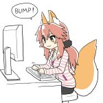  1girl :3 animal_ear_fluff animal_ears bangs black_hairband bra breasts chair cleavage collarbone drawfag fate/extra fate/extra_ccc fate_(series) fox_ears fox_girl fox_tail hairband hood hoodie keyboard_(computer) long_hair long_sleeves looking_at_object monitor pink_bra pink_hair sitting solo speech_bubble striped striped_hoodie tail tamamo_(fate) tamamo_no_mae_(fate/extra) typing underwear white_background yellow_eyes 