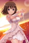  1girl absurdres alternative_girls armor asahina_nono breasts brown_hair cleavage cloud dress eyebrows_visible_through_hair highres looking_at_viewer ocean official_art open_mouth pauldrons purple_eyes short_hair shoulder_armor solo sun sunlight sunset white_dress white_wristband 